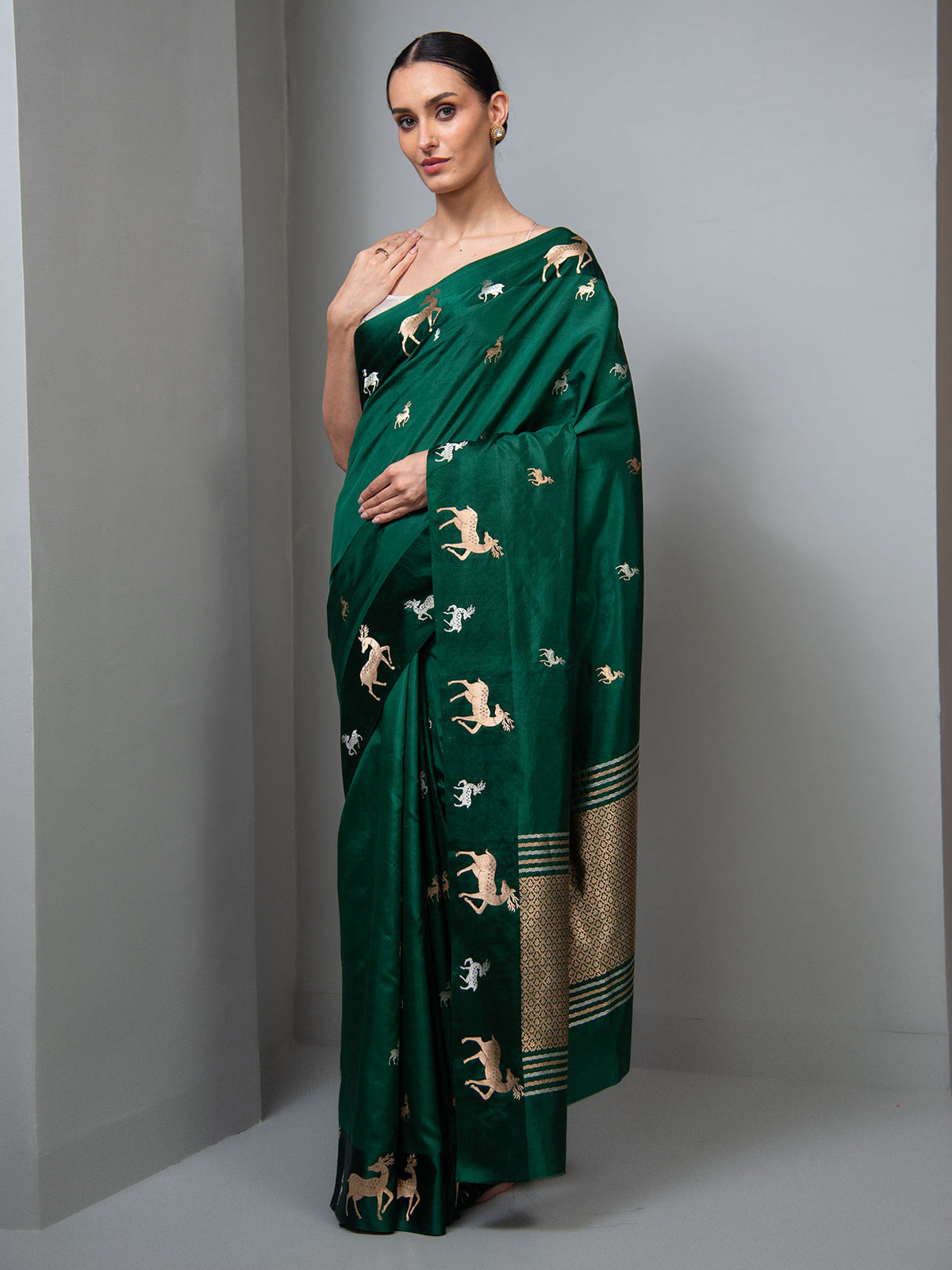 Bottle Green Booti Katan Silk Handloom Banarasi Saree