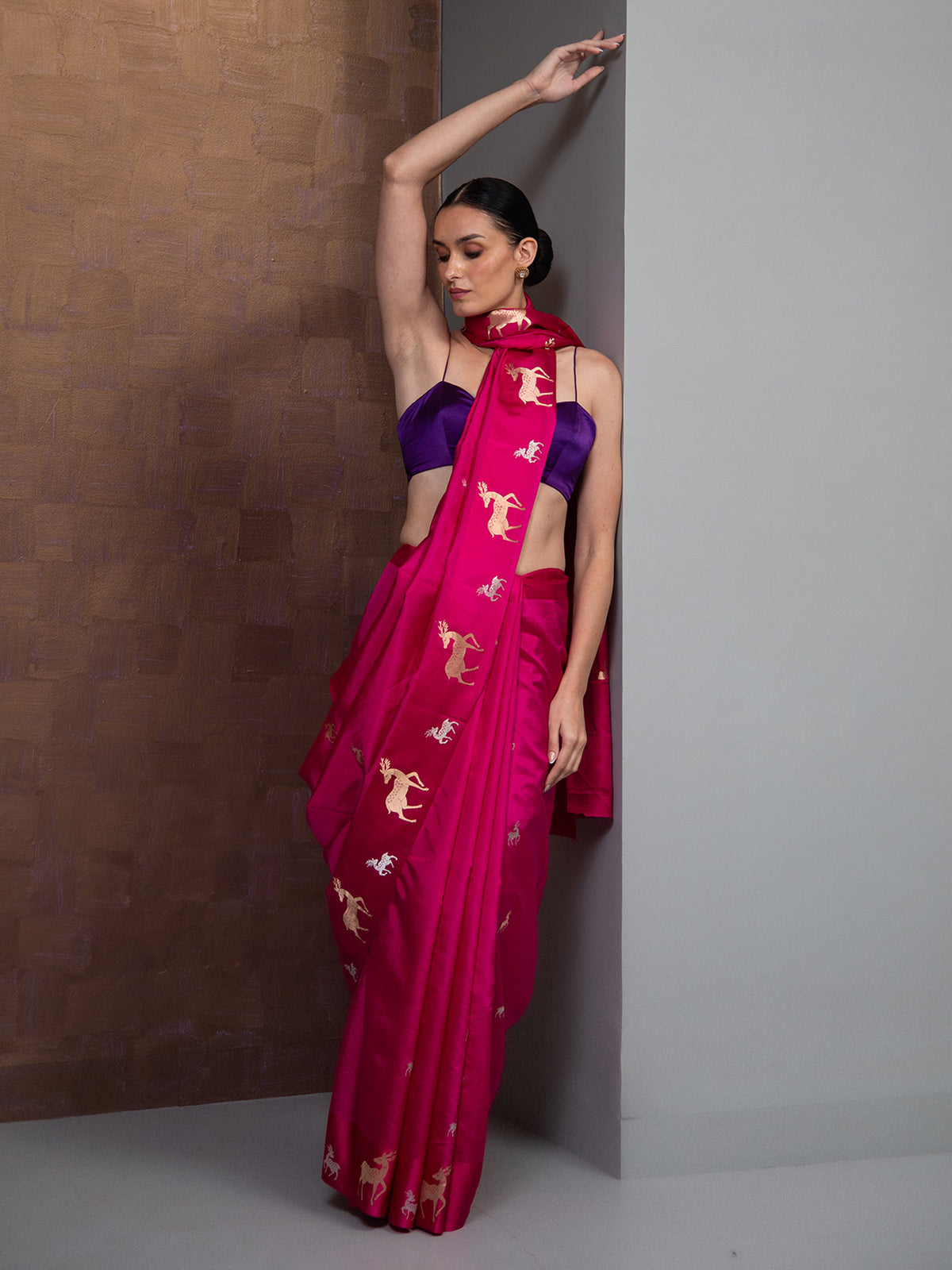 Dark Pink Booti Pure Silk Handloom Banarasi Saree