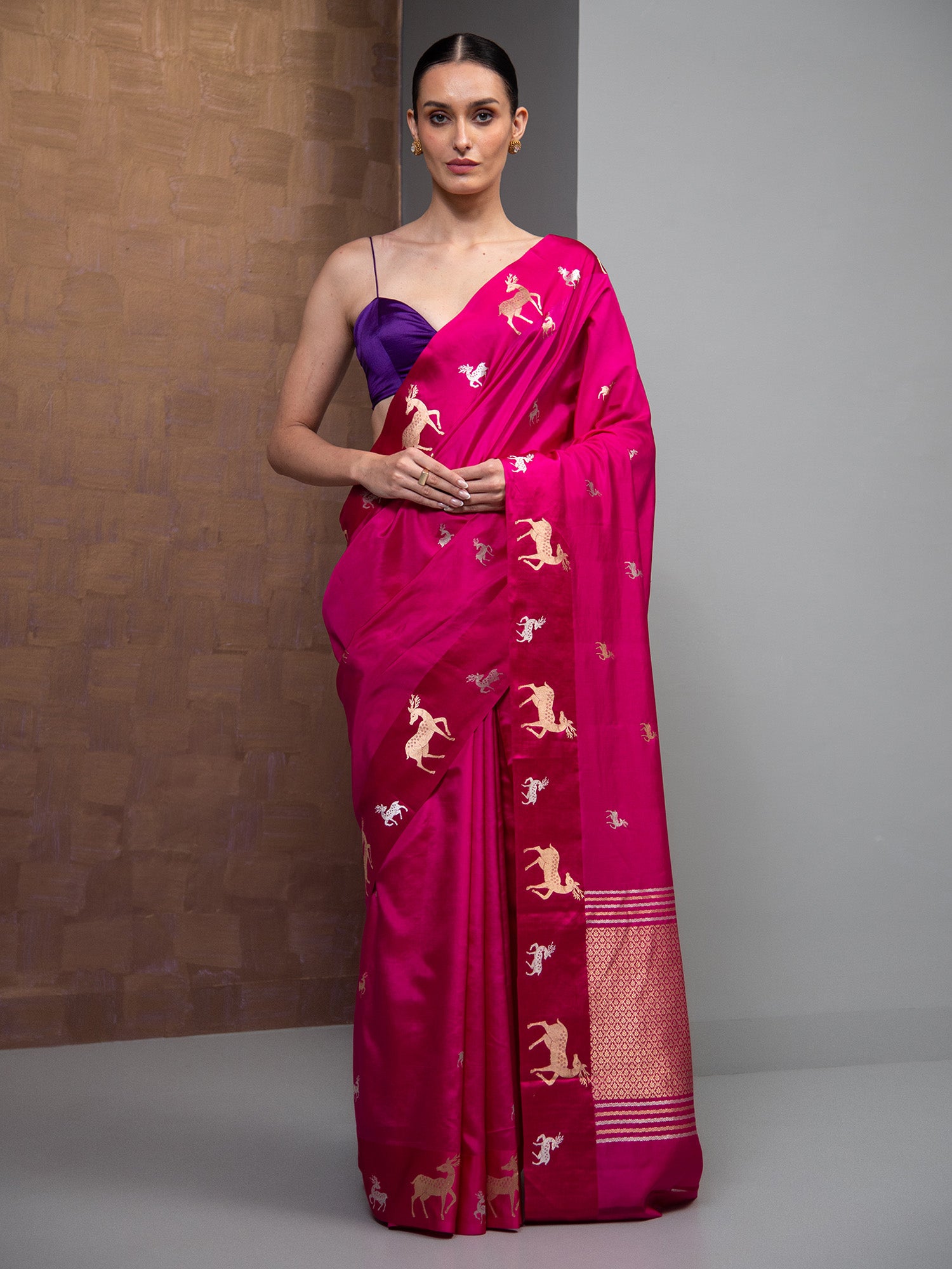 Dark Pink Booti Pure Silk Handloom Banarasi Saree