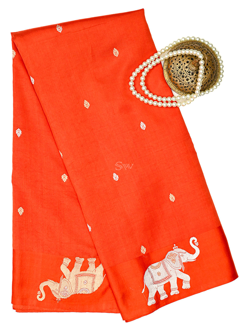 Orange Booti Katan Silk Handloom Banarasi Saree