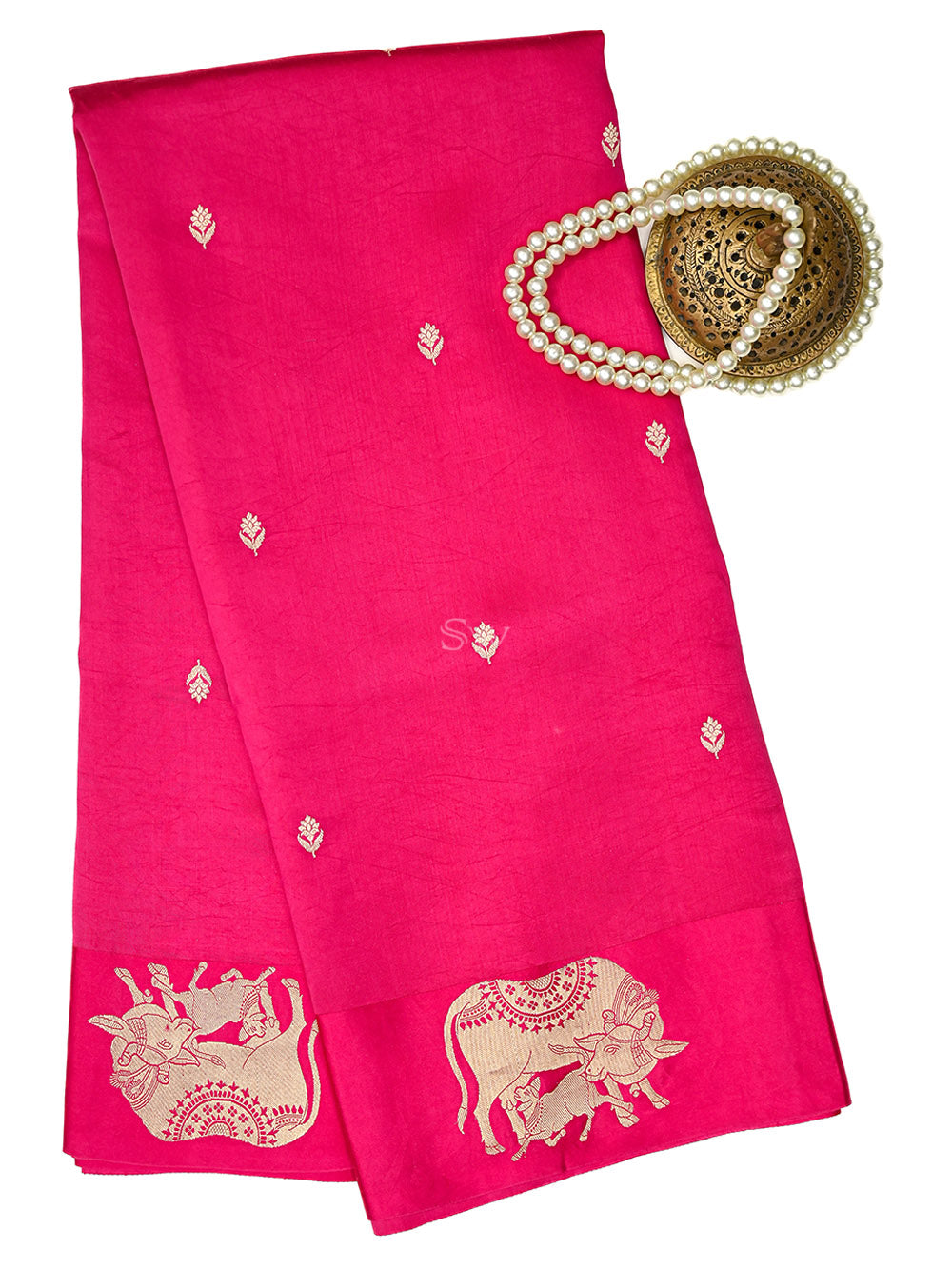 Dark Pink Booti Katan Silk Handloom Banarasi Saree