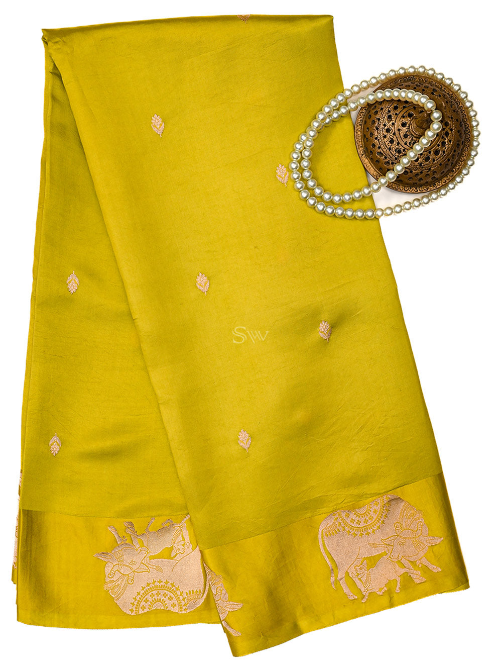 Lime Green Booti Katan Silk Handloom Banarasi Saree