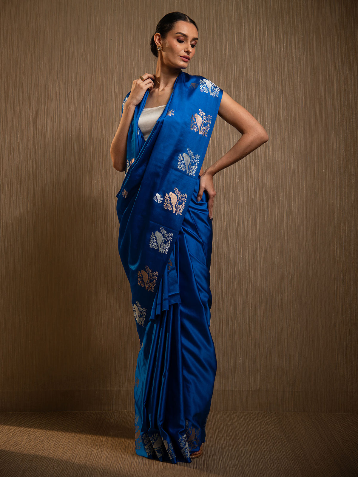 Royal Blue Booti Satin Silk Handloom Banarasi Saree