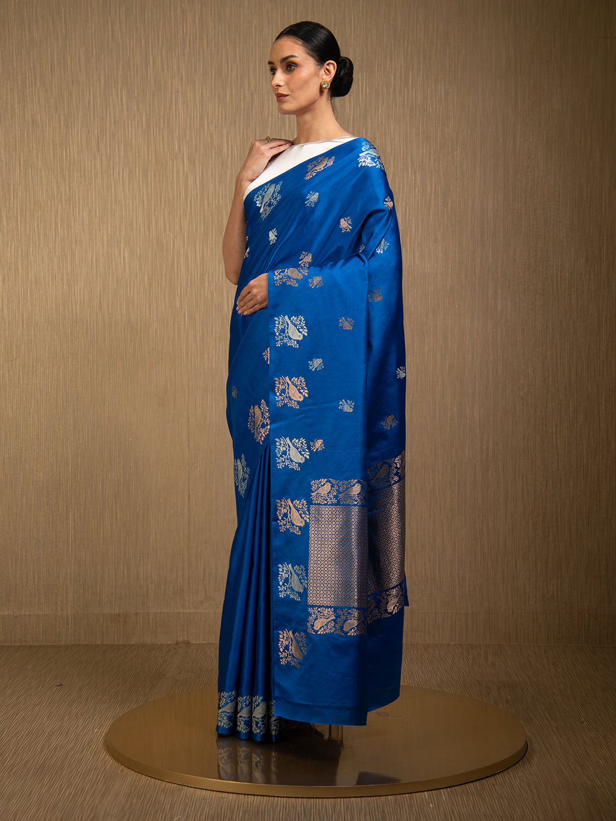Royal Blue Booti Satin Silk Handloom Banarasi Saree