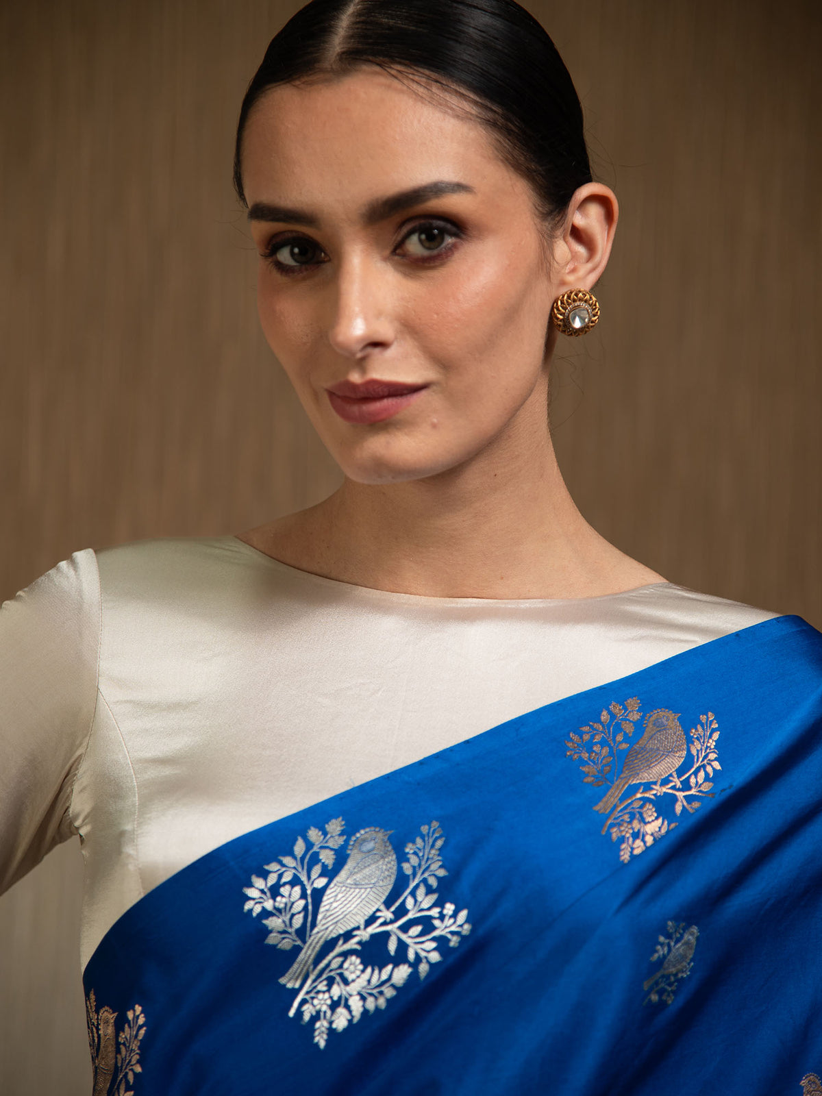 Royal Blue Booti Satin Silk Handloom Banarasi Saree