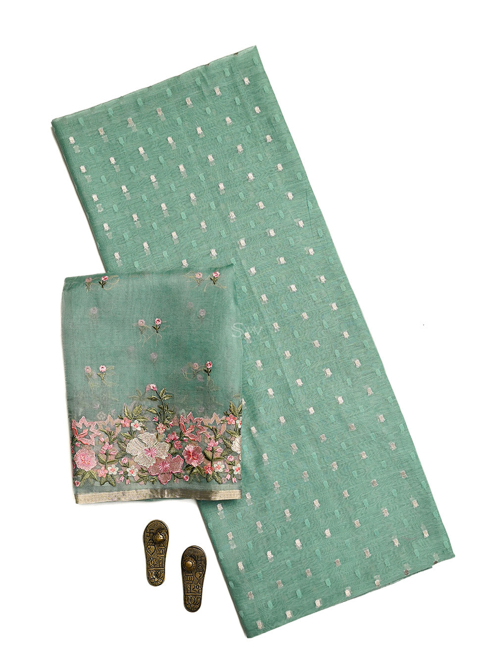 Sea Green Booti Cotton Silk Handloom Banarasi Suit - Sacred Weaves