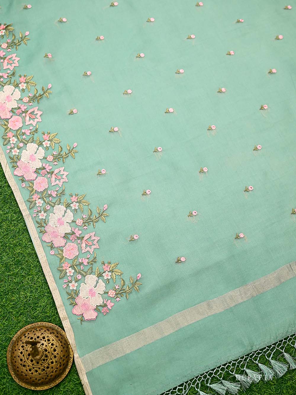 Sea Green Booti Cotton Silk Handloom Banarasi Suit - Sacred Weaves