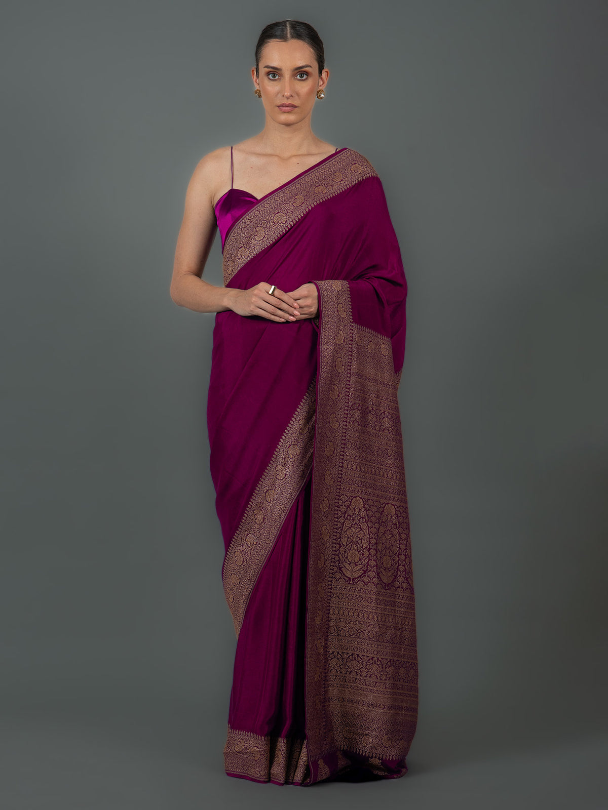 Dark Magenta Plain Crepe Silk Handloom Banarasi Saree