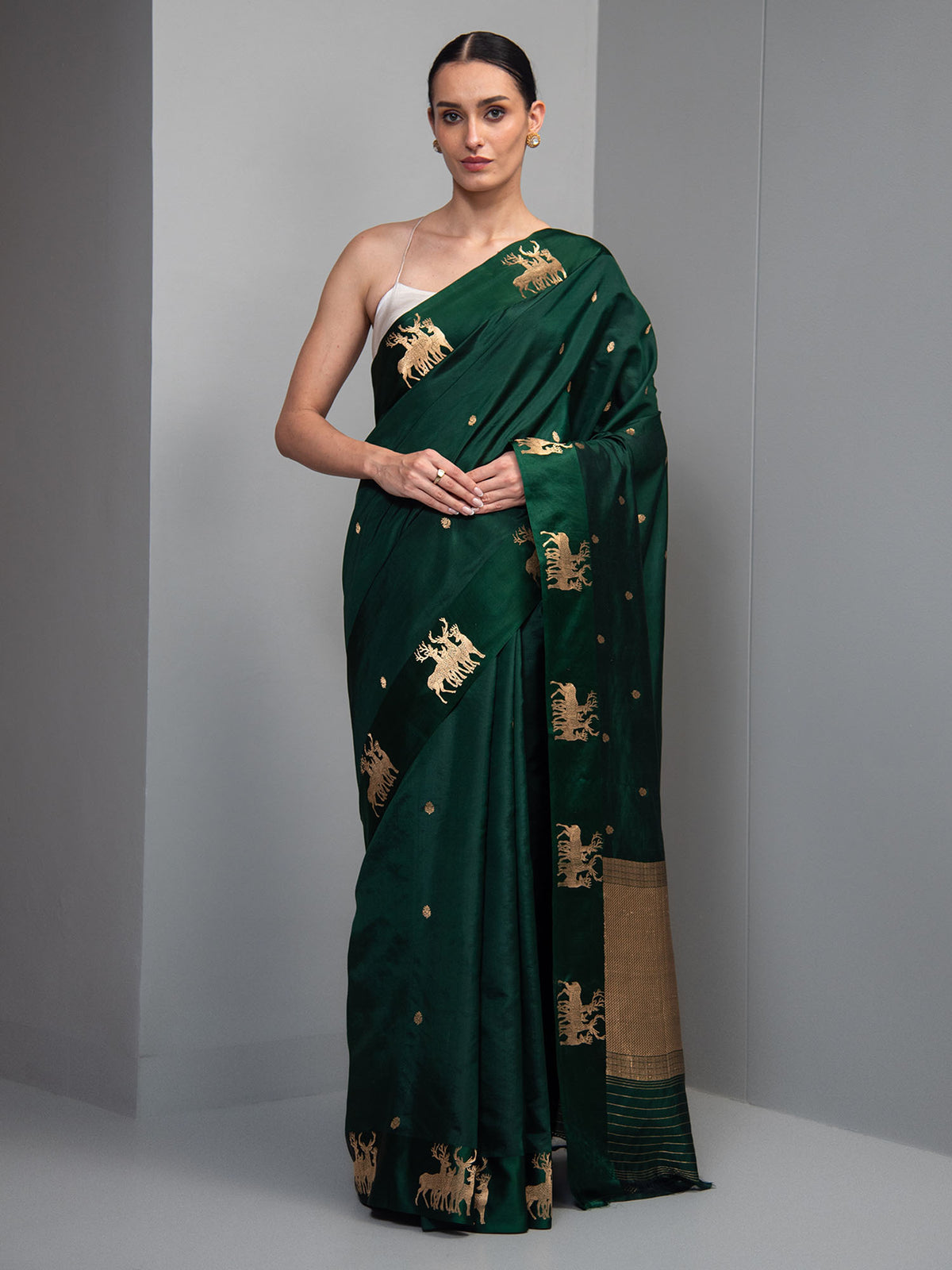 Bottle Green Booti Katan Silk Handloom Banarasi Saree