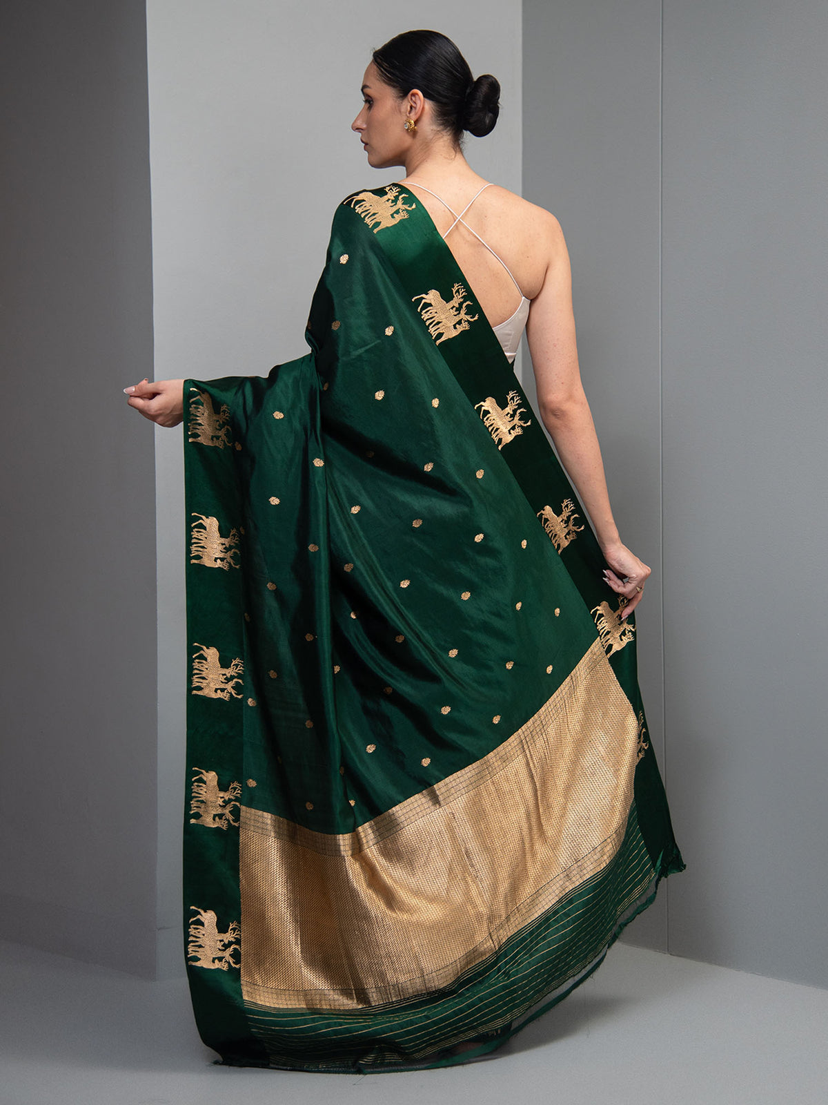 Bottle Green Booti Katan Silk Handloom Banarasi Saree