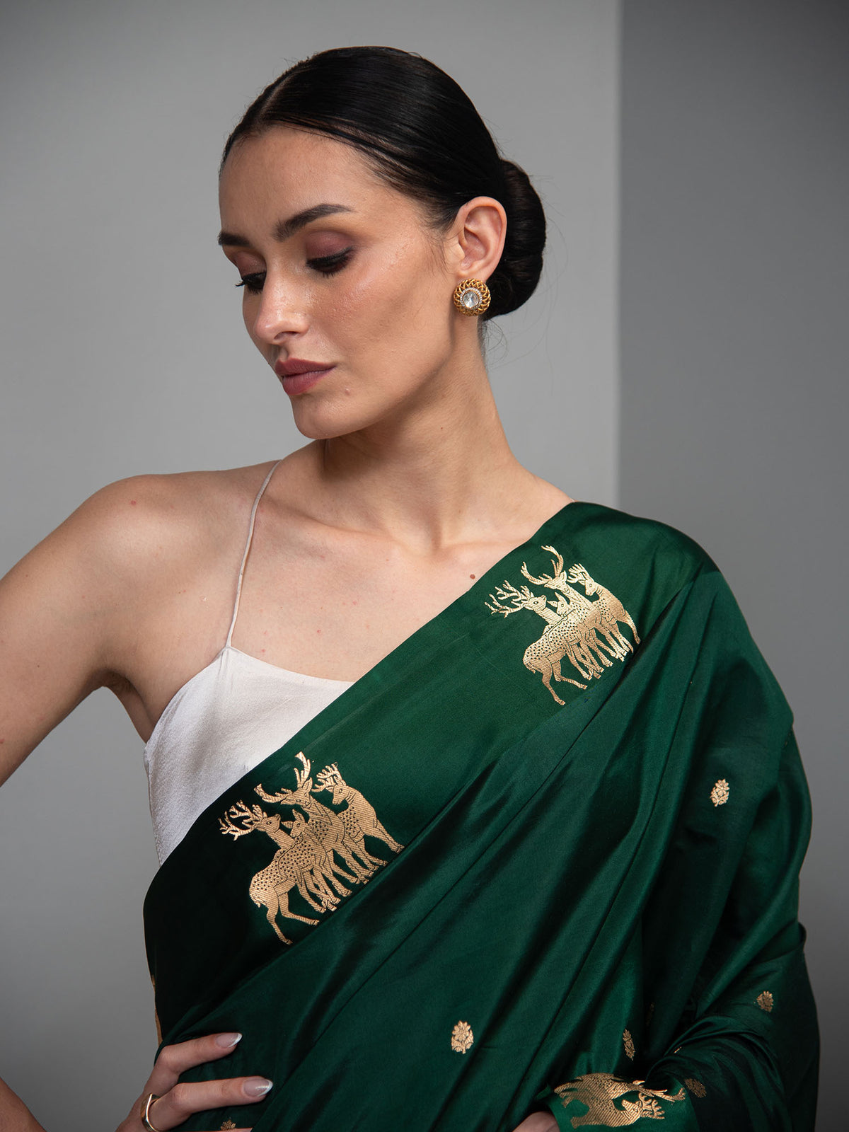Bottle Green Booti Katan Silk Handloom Banarasi Saree