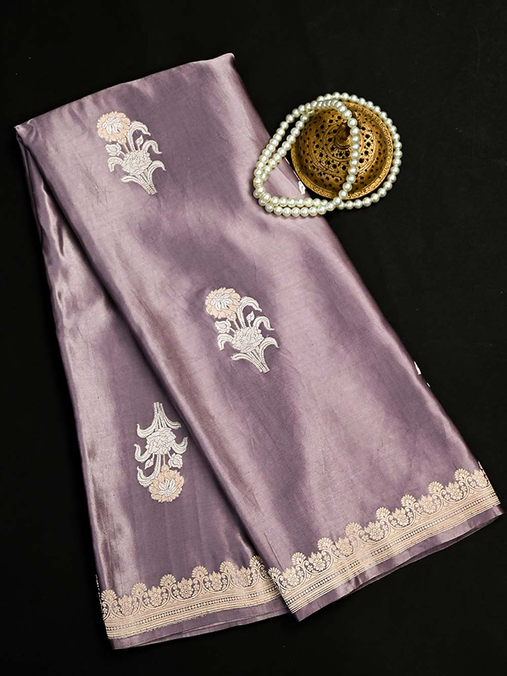 Lavender Boota Satin Silk Handloom Banarasi Saree - Sacred Weaves