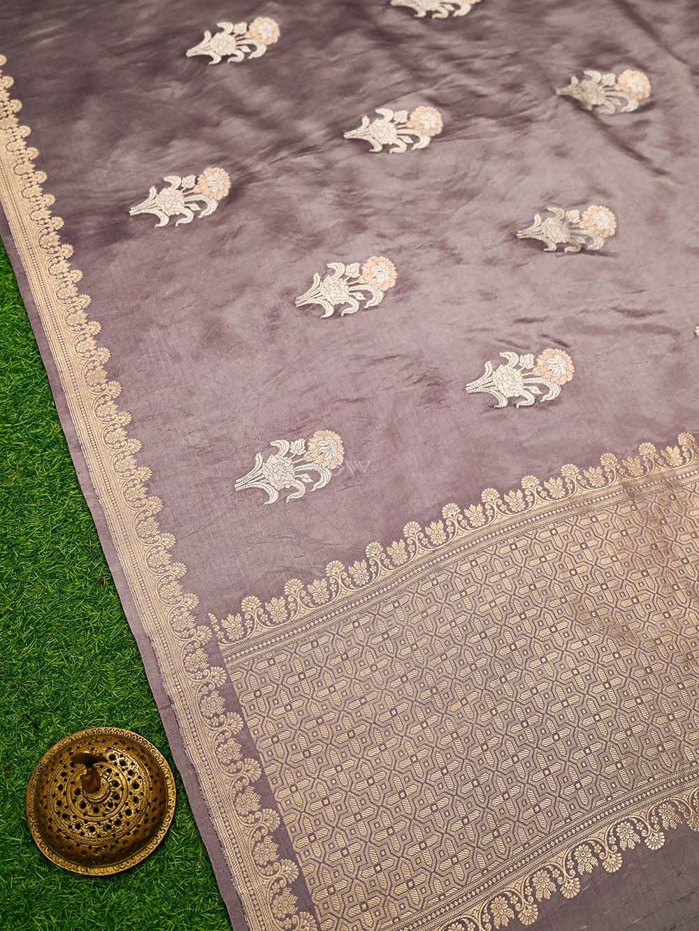 Lavender Boota Satin Silk Handloom Banarasi Saree - Sacred Weaves