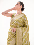 Moss Green Satin Sona Roopa Jaal Handloom Banarasi Saree