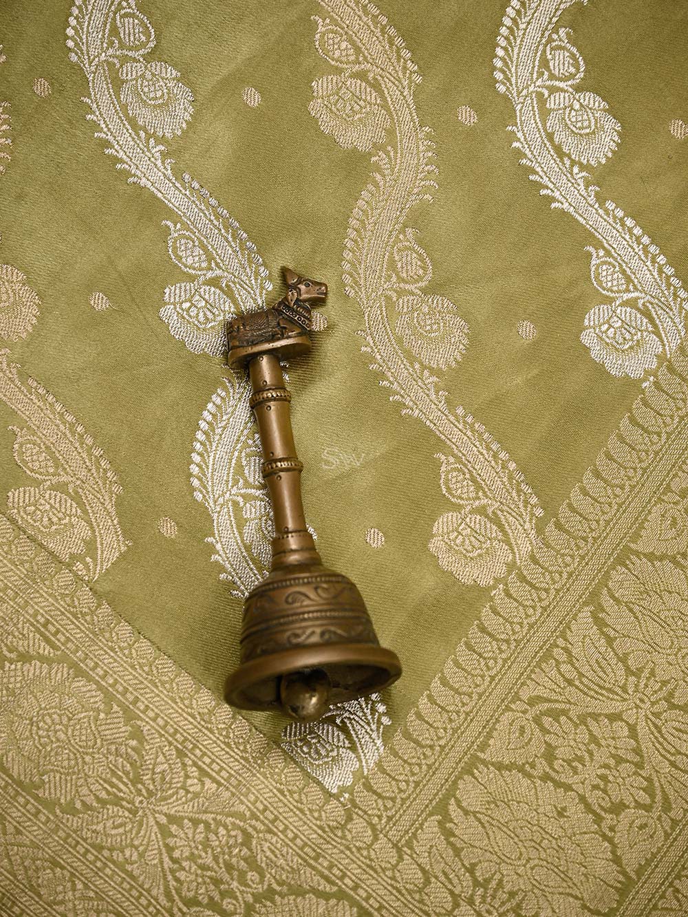 Moss Green Satin Sona Roopa Jaal Handloom Banarasi Saree - Sacred Weaves