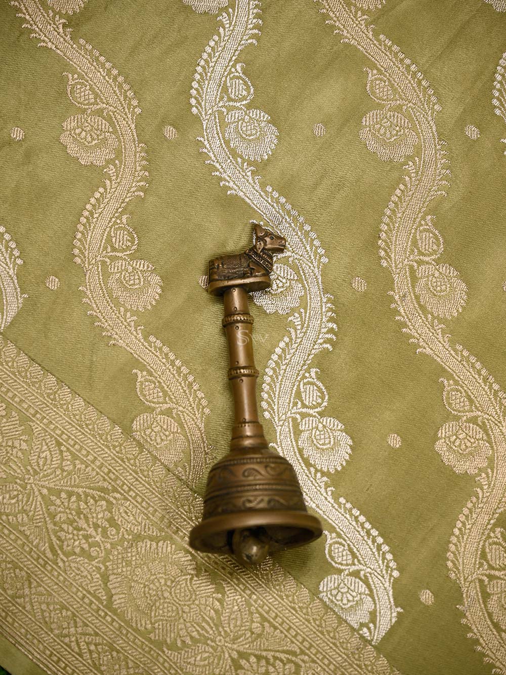 Moss Green Satin Sona Roopa Jaal Handloom Banarasi Saree - Sacred Weaves