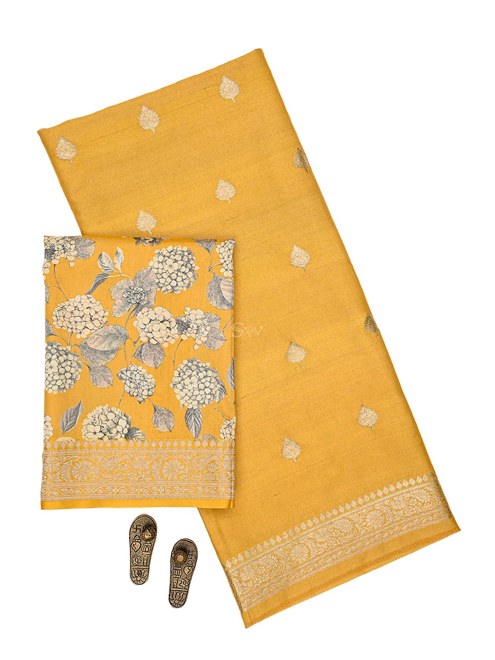 Yellow Booti Silk Handloom Banarasi Suit - Sacred Weaves