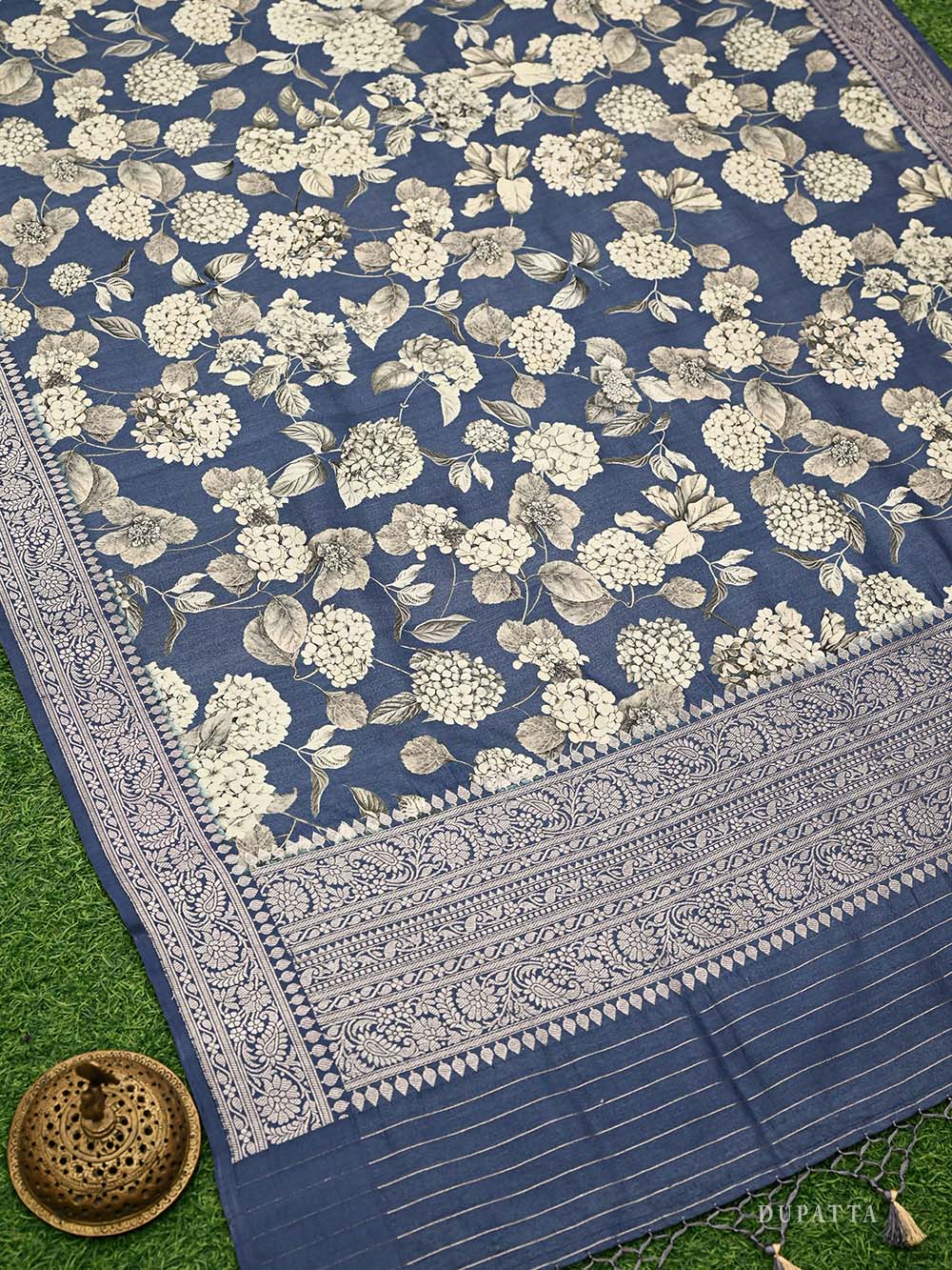 Midnight Blue Booti Moonga Tussar Silk Handloom Banarasi Suit - Sacred Weaves