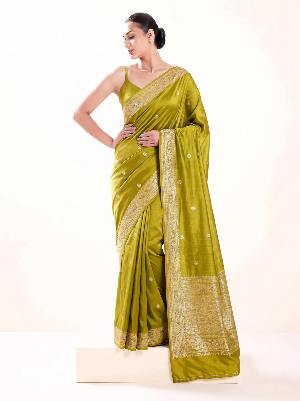 Lime Yellow Sona Roopa Booti Satin Silk Handloom Banarasi Saree - Sacred Weaves