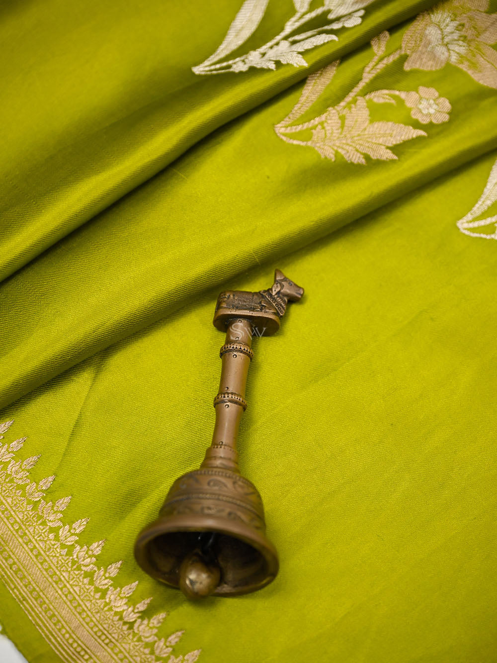 Lime Green Zari Sona Roopa Boota Satin Silk Handloom Banarasi Saree - Sacred Weaves