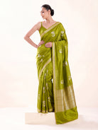 Lime Green Zari Sona Roopa Boota Satin Silk Handloom Banarasi Saree - Sacred Weaves