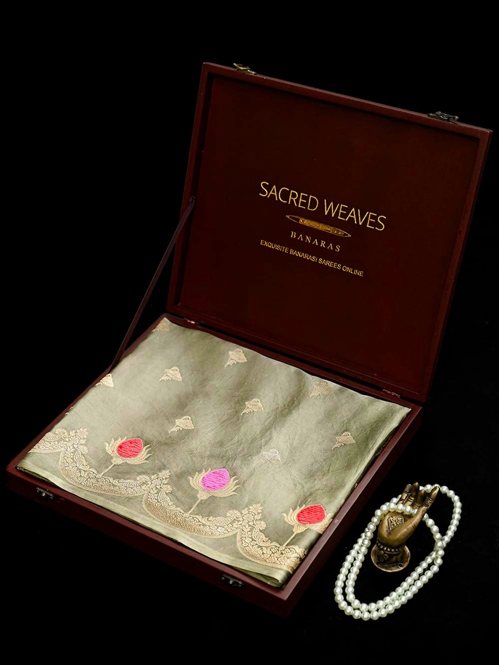 Muted Green Booti Satin Silk Handloom Banarasi Saree - Sacred Weaves