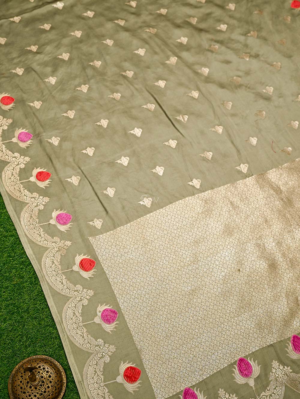 Muted Green Booti Satin Silk Handloom Banarasi Saree - Sacred Weaves