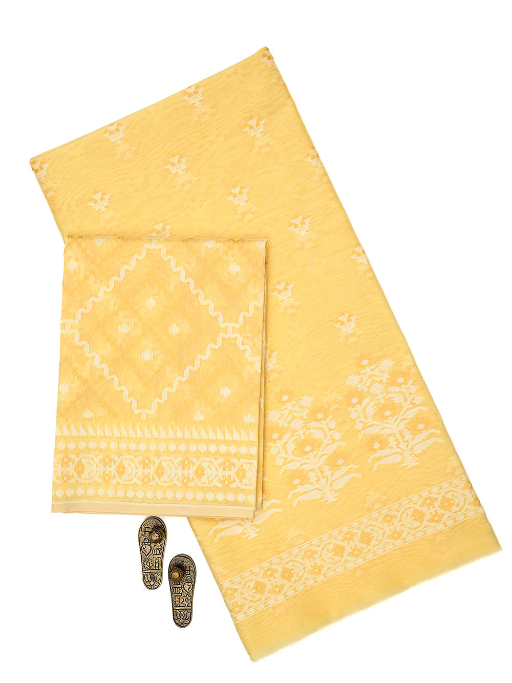 Yellow Booti Cotton Silk Handloom Banarasi Suit - Sacred Weaves