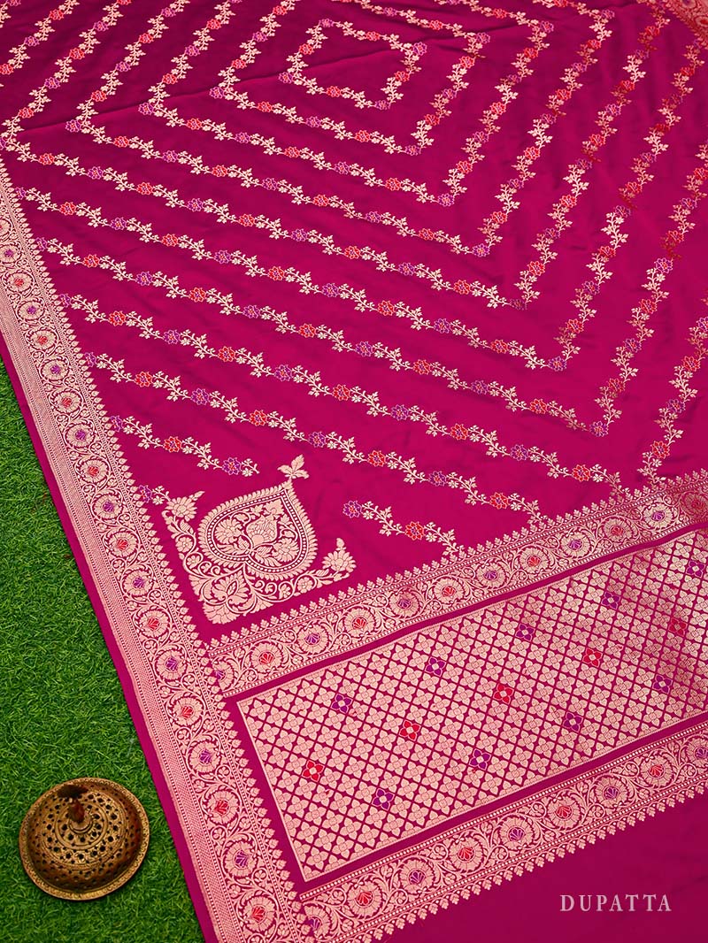 Magenta Satin Silk Handloom Banarasi Lehenga - Sacred Weaves