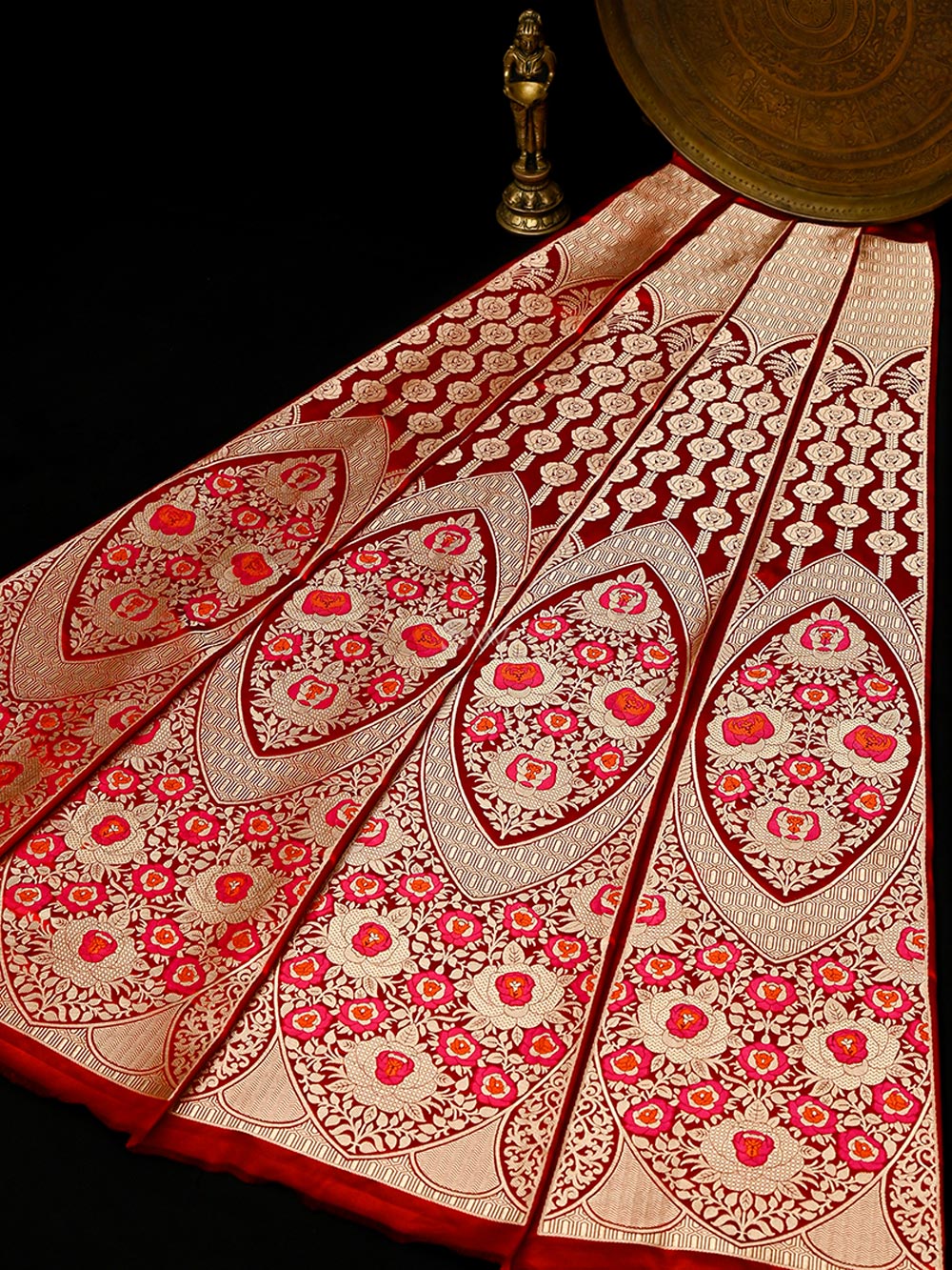 Red Satin Silk Handloom Banarasi Lehenga - Sacred Weaves