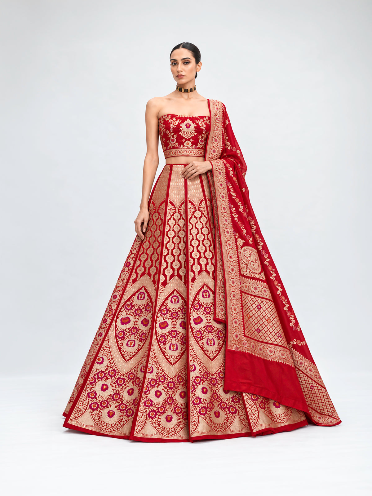Red Satin Silk Handloom Banarasi Lehenga - Sacred Weaves