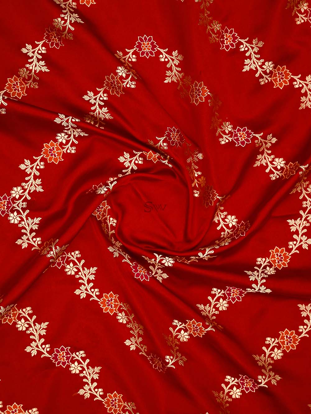 Red Satin Silk Handloom Banarasi Lehenga - Sacred Weaves