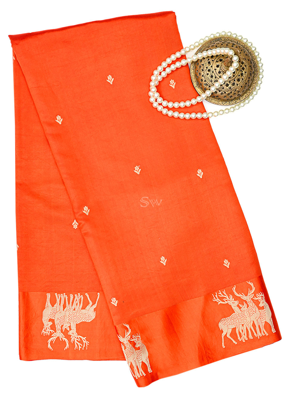 Orange Booti Katan Silk Handloom Banarasi Saree