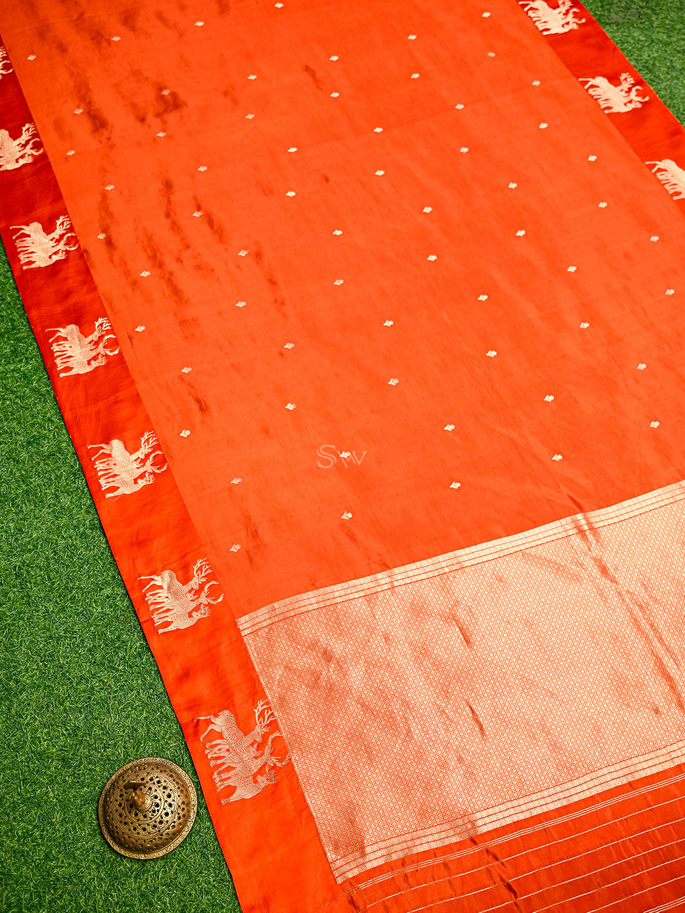 Orange Booti Katan Silk Handloom Banarasi Saree
