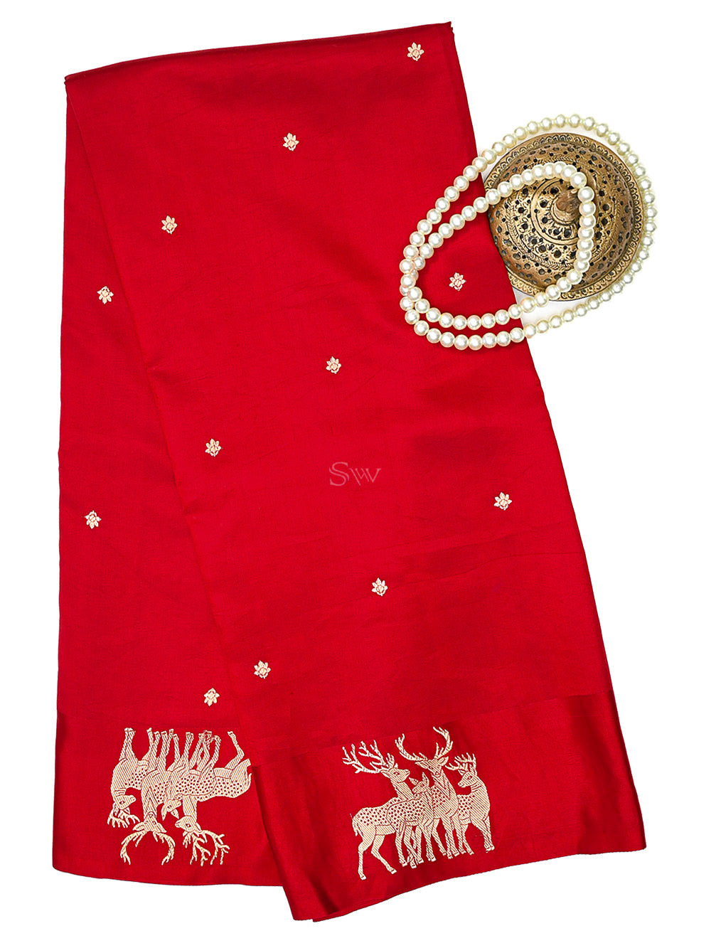 Dark Red Booti Katan Silk Handloom Banarasi Saree