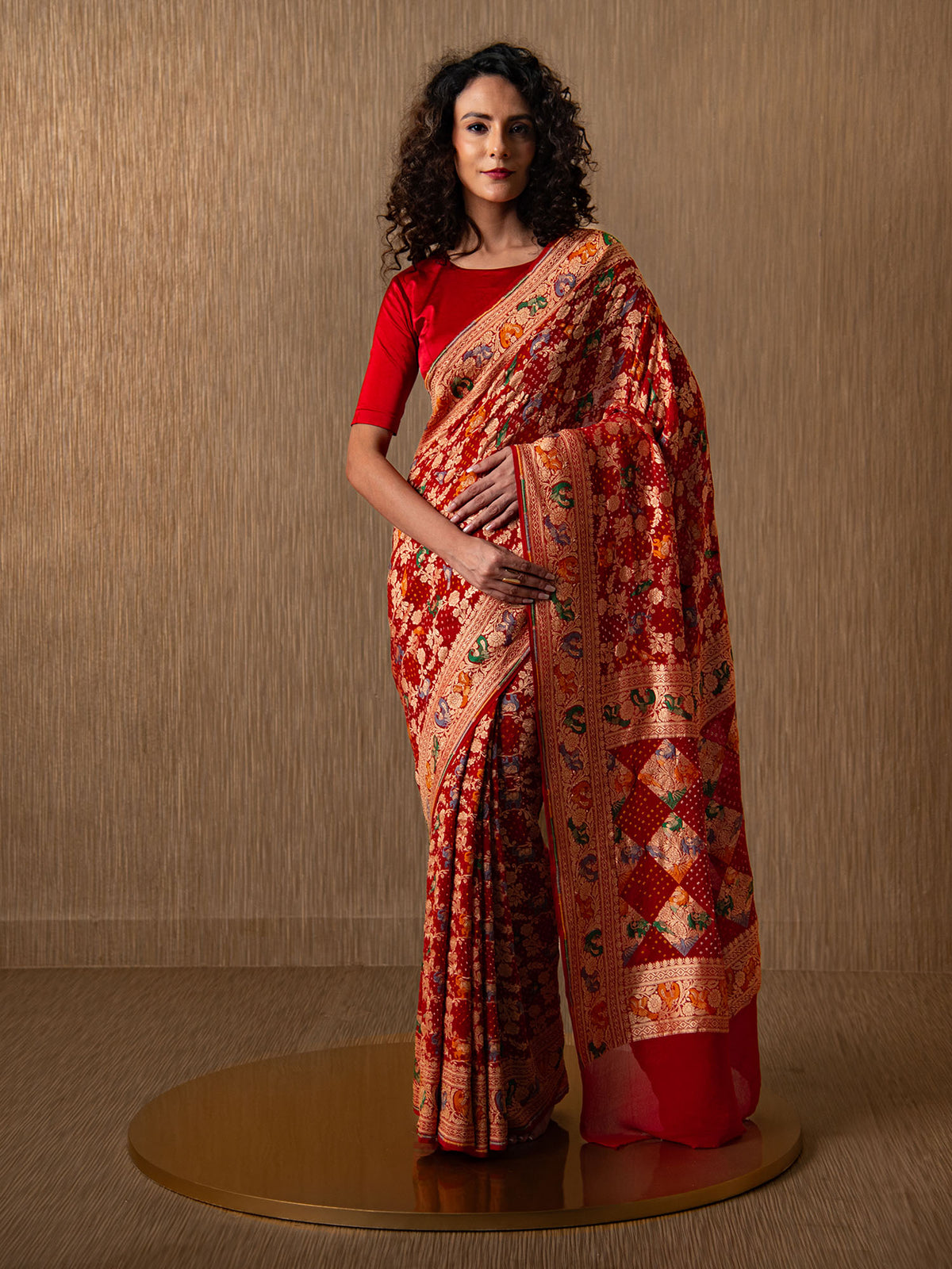 Maroon Bandhani Khaddi Georgette Handloom Banarasi Saree
