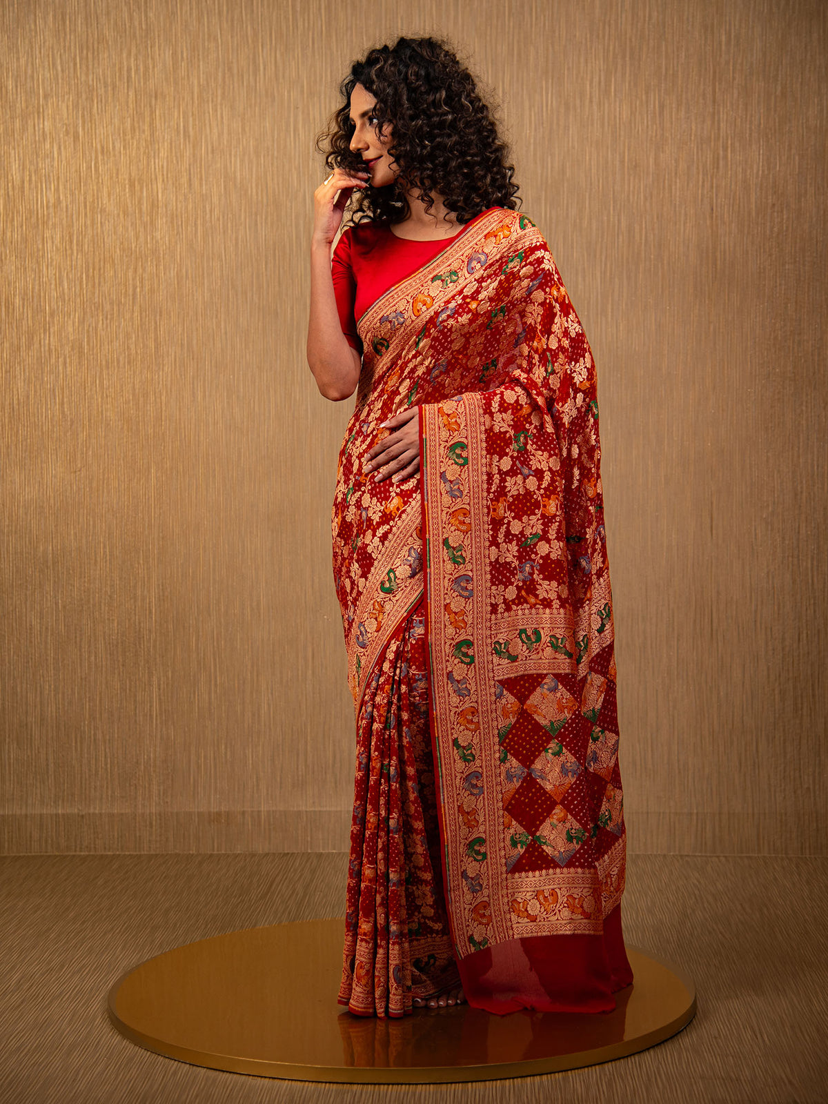 Maroon Bandhani Khaddi Georgette Handloom Banarasi Saree