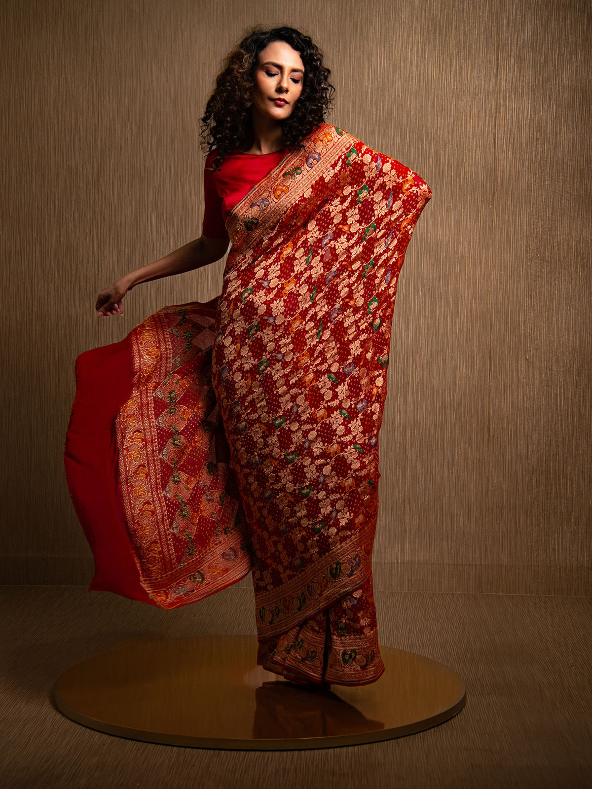 Maroon Bandhani Khaddi Georgette Handloom Banarasi Saree