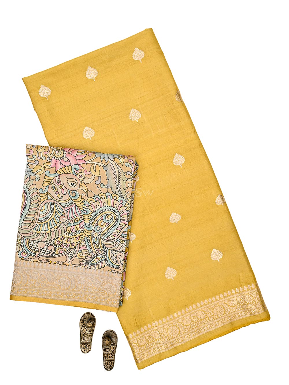 Mustard Booti Moonga Tussar Silk Handloom Banarasi Suit - Sacred Weaves