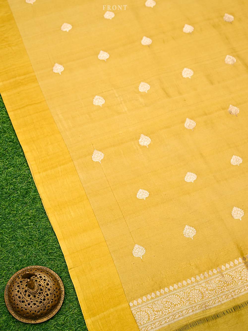 Mustard Booti Moonga Tussar Silk Handloom Banarasi Suit - Sacred Weaves