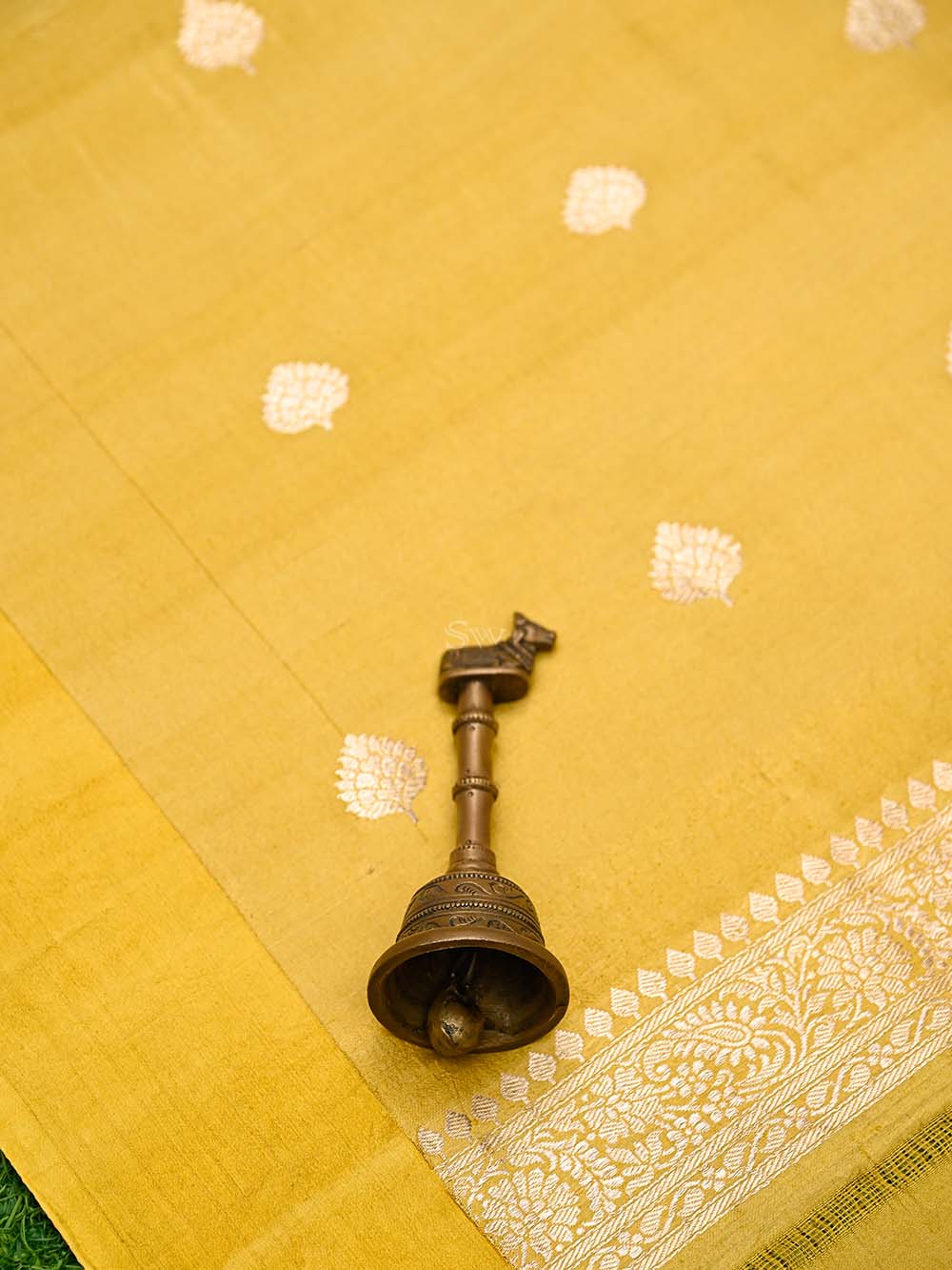 Mustard Booti Moonga Tussar Silk Handloom Banarasi Suit - Sacred Weaves