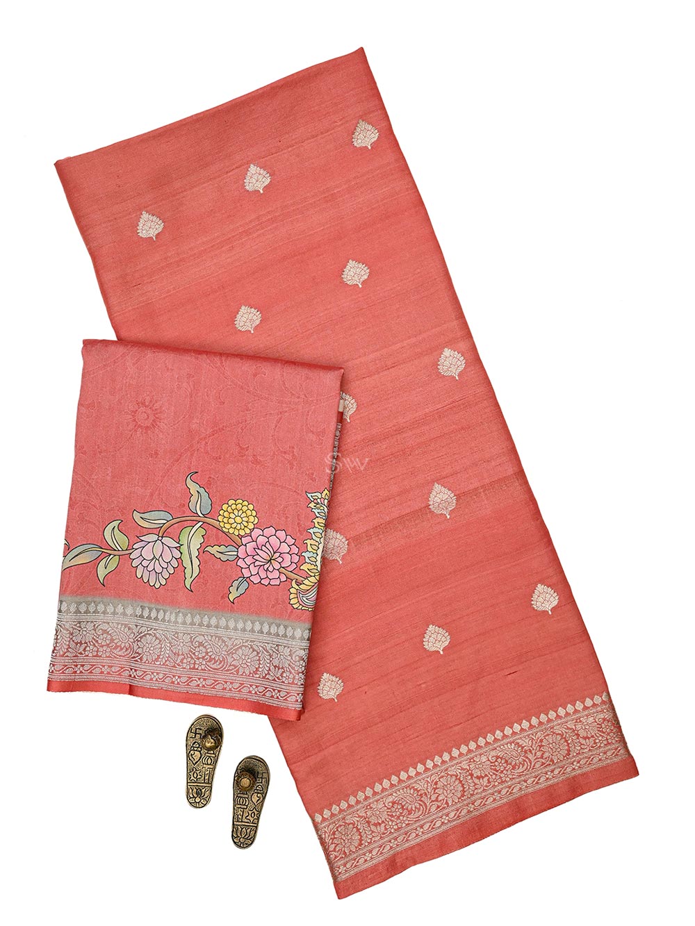 Coral Pink Booti Moonga Tussar Silk Handloom Banarasi Suit - Sacred Weaves
