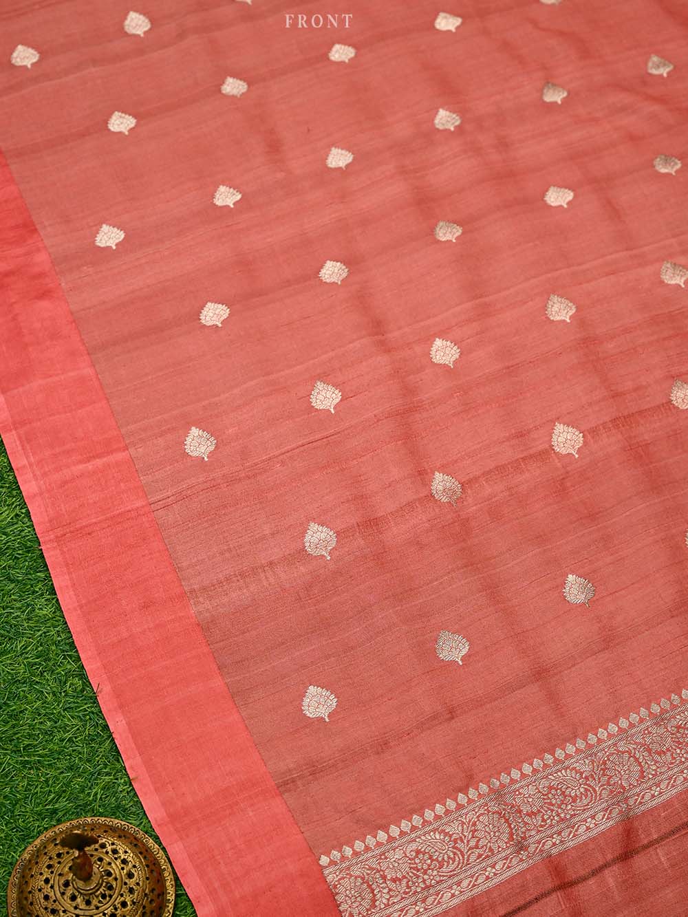 Coral Pink Booti Moonga Tussar Silk Handloom Banarasi Suit - Sacred Weaves
