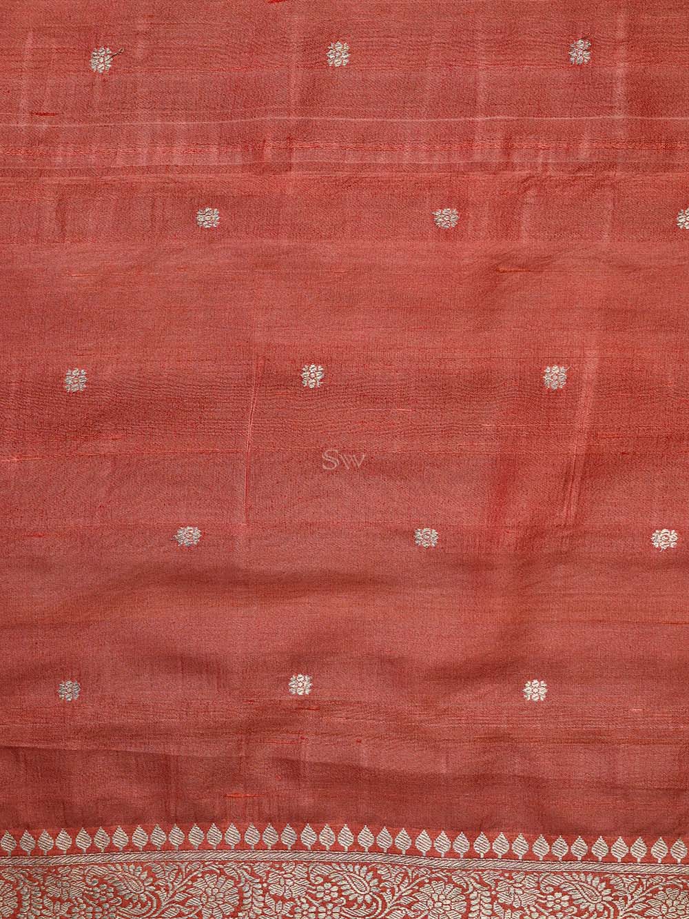 Coral Pink Booti Moonga Tussar Silk Handloom Banarasi Suit - Sacred Weaves