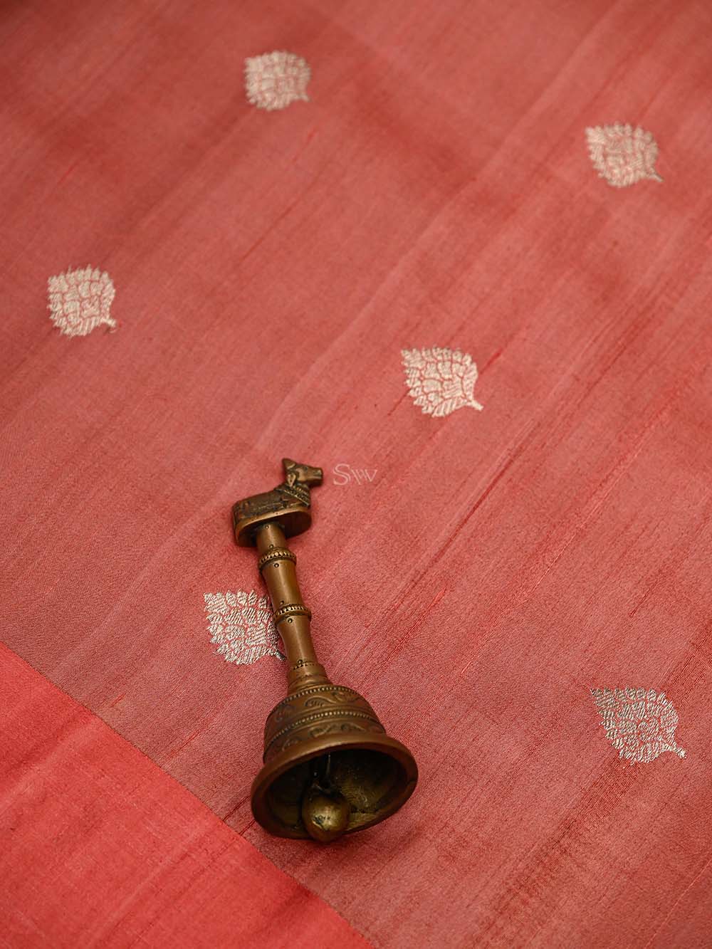 Coral Pink Booti Moonga Tussar Silk Handloom Banarasi Suit - Sacred Weaves