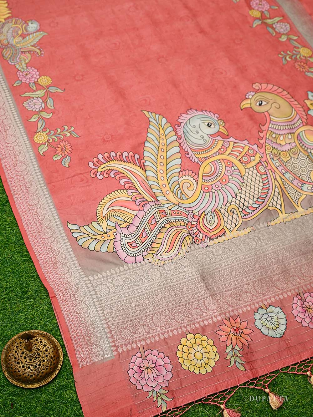 Coral Pink Booti Moonga Tussar Silk Handloom Banarasi Suit - Sacred Weaves