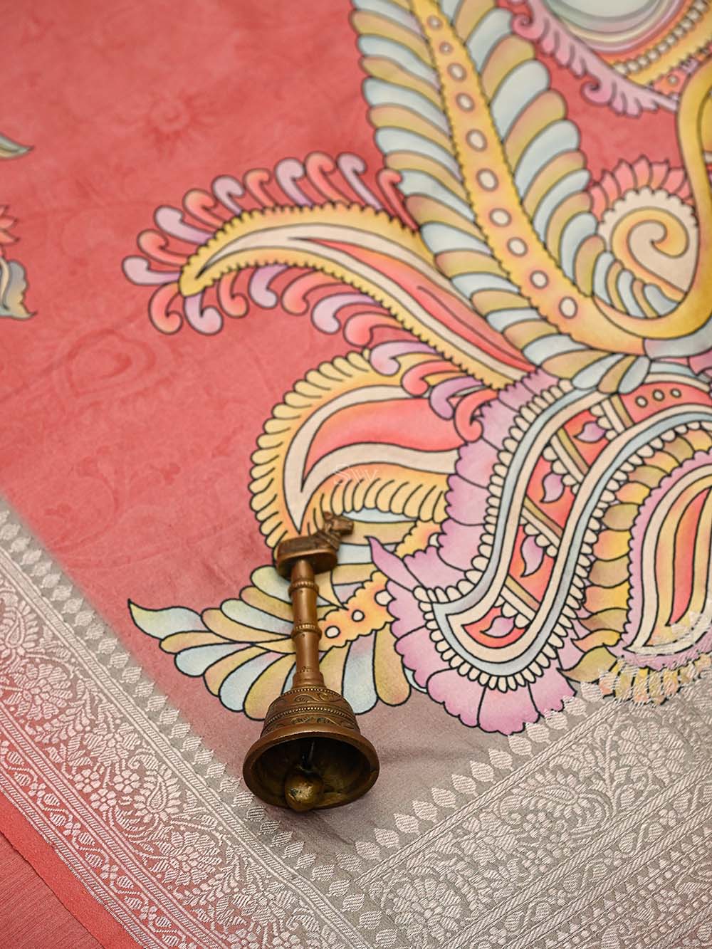 Coral Pink Booti Moonga Tussar Silk Handloom Banarasi Suit - Sacred Weaves