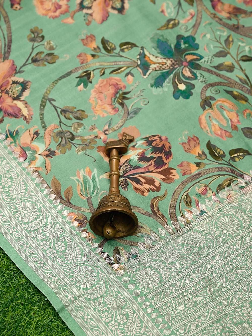 Sea Green Booti Moonga Tussar Silk Handloom Banarasi Suit - Sacred Weaves