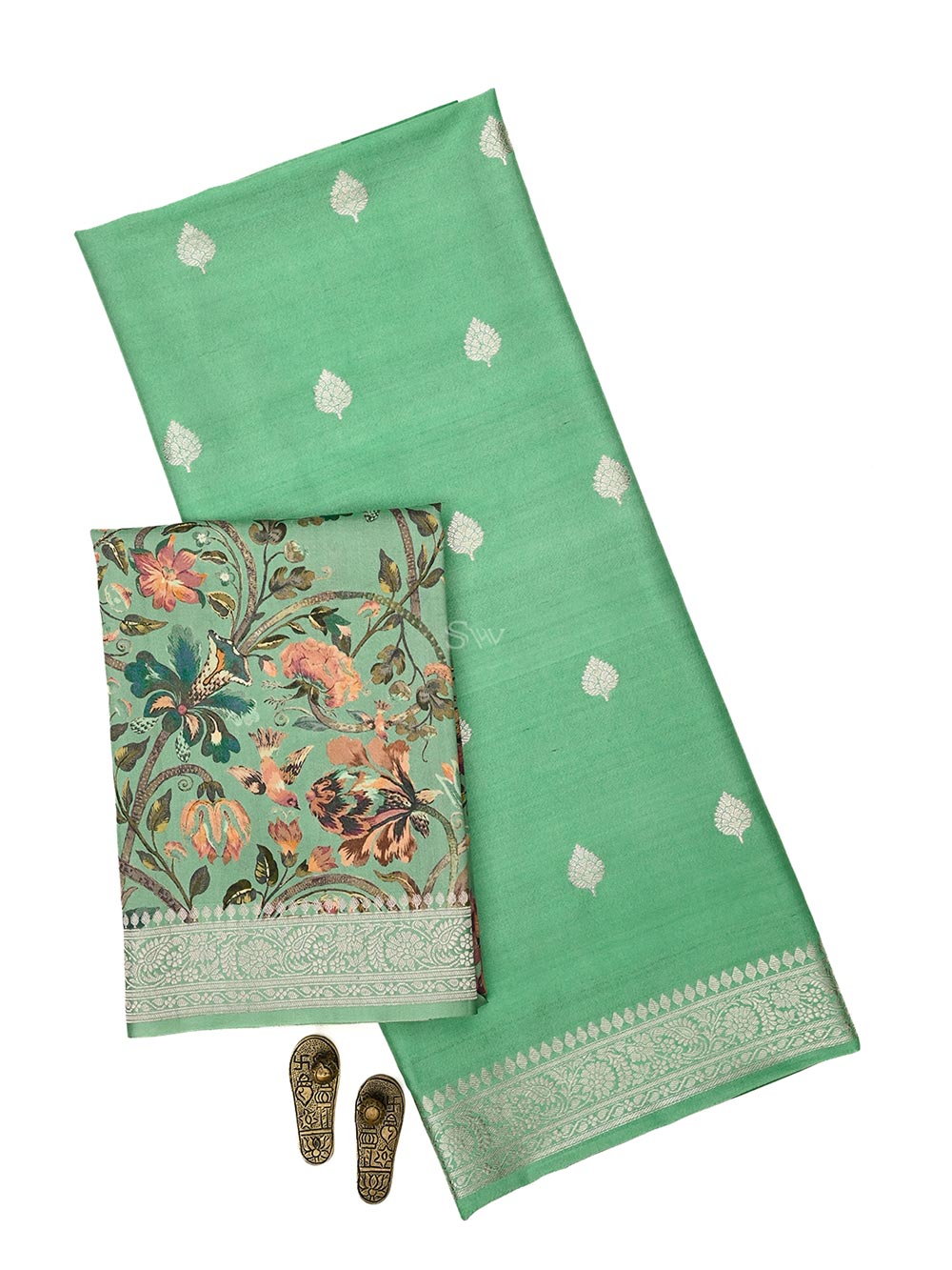 Sea Green Booti Moonga Tussar Silk Handloom Banarasi Suit - Sacred Weaves