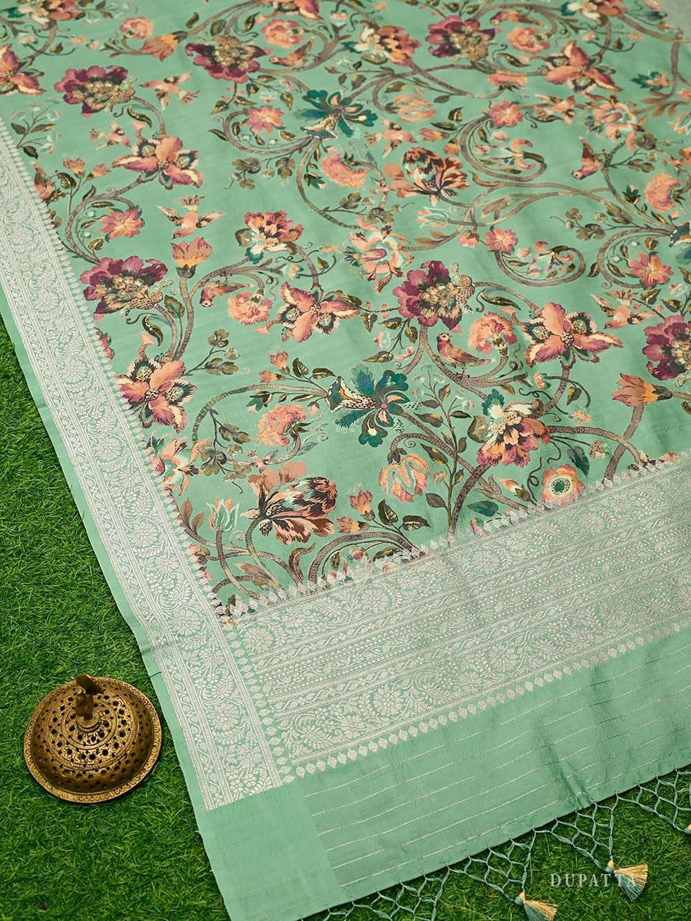 Sea Green Booti Moonga Tussar Silk Handloom Banarasi Suit - Sacred Weaves